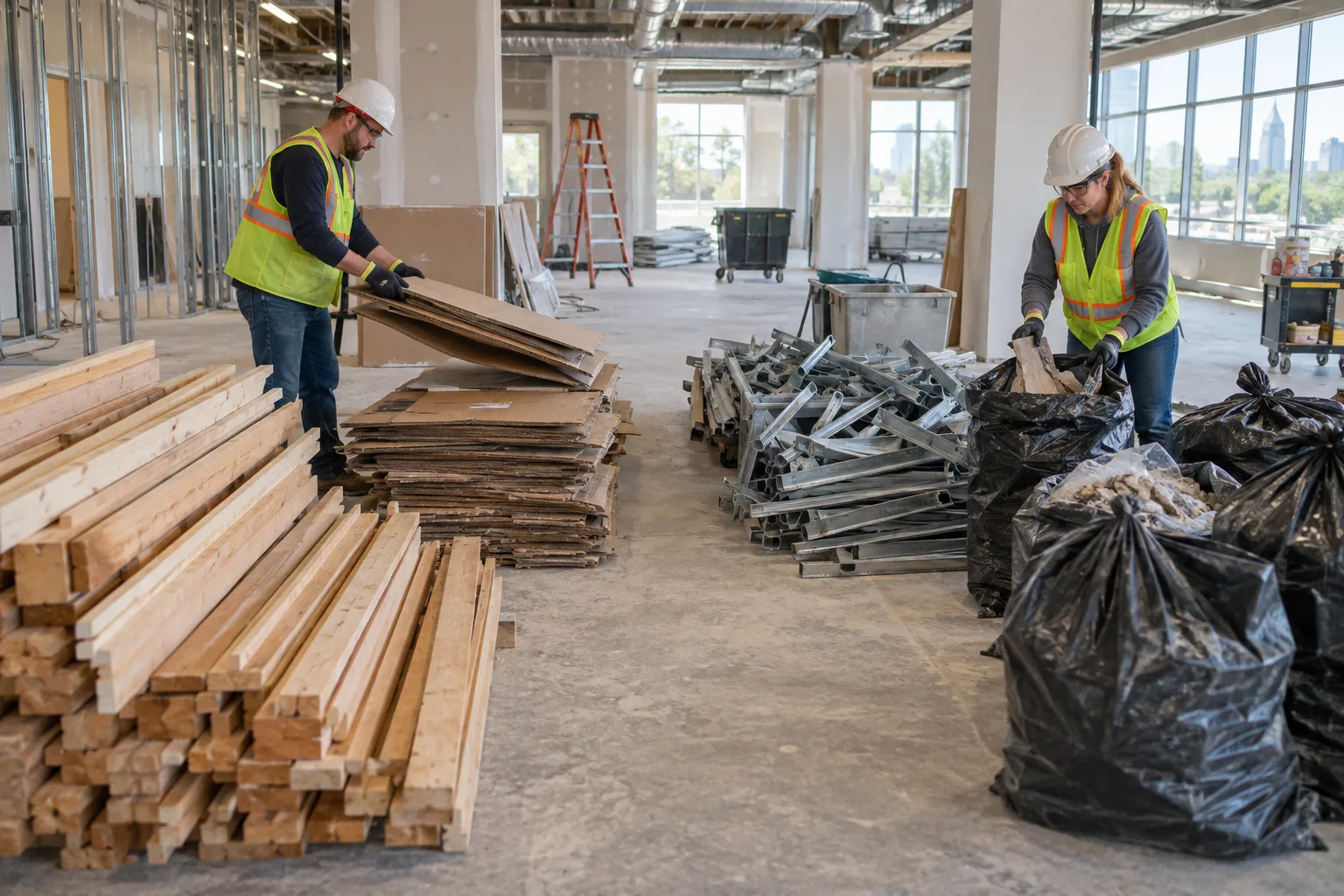 Illustrative renovation site with lumber, cardboard, metal, and bagged debris separated