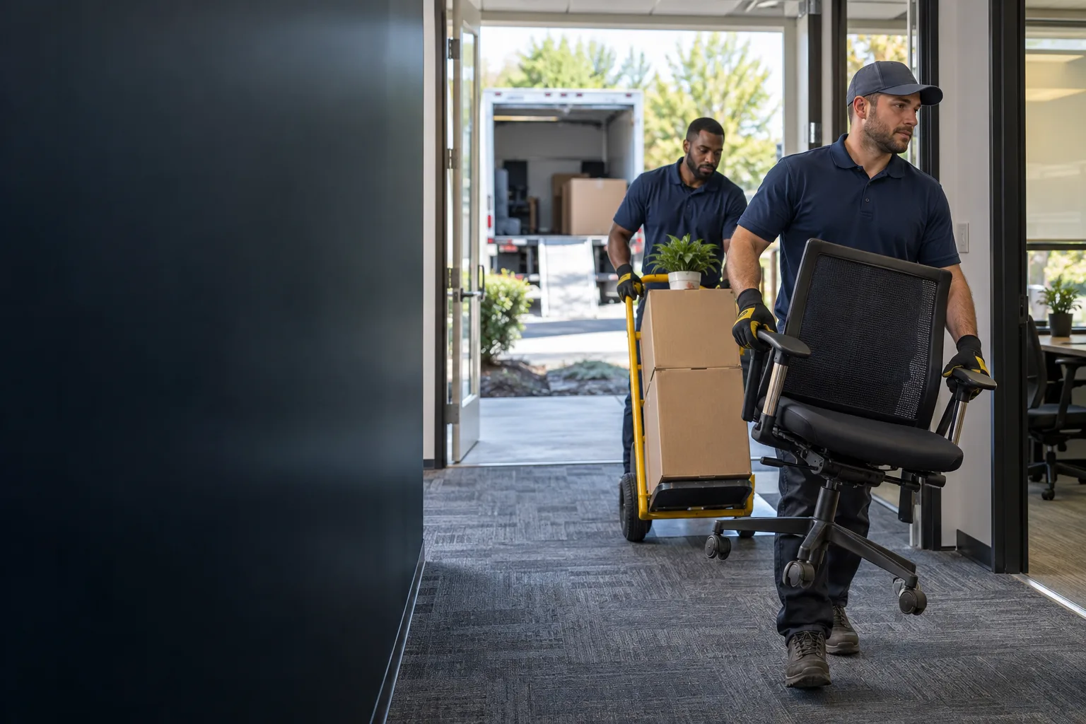 Illustrative commercial office cleanout scene with workers moving a chair and boxed items
